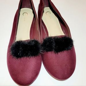 NWT Burgandy "Velvet like" Dress Shoes w/ Black Fuzzy Decor on Toe SZ 10